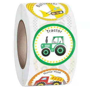 Roll of cartoon construction vehicle stickers featuring bulldozers and dump trucks for kids