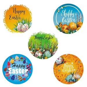 Five Happy Easter gift tags with colorful rabbit and egg patterns on a white background