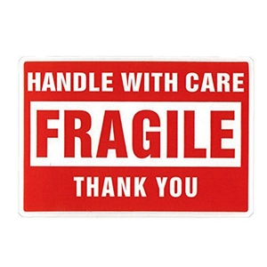 2x3 inch fragile handle with care shipping labels in bright red on white background