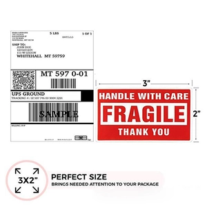 Red 2x3 inch Fragile adhesive labels for shipping and handle with care packaging