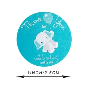 Blue elephant stickers with Thank You for celebrating with us text on 1 inch round labels