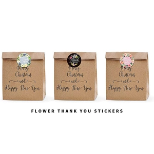 Floral Thank You stickers with eight wreath designs on paper bags for gift packaging