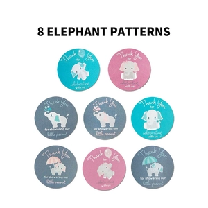 Roll of 8 cartoon elephant thank you stickers in Morandi colors for baby shower favors