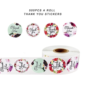 Roll of 500 floral Thank You stickers with four unique flower wreath designs on white background