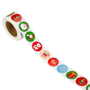 Christmas roll stickers featuring Santa, reindeer, and festive holiday patterns for gift wrapping