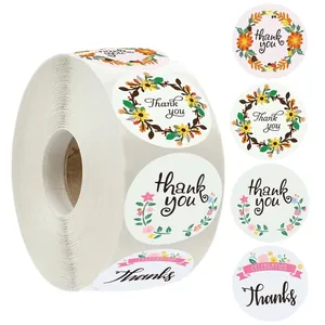 Rouleau D'autocollants Merci Ronds Motif Couronne De Fleurs Étiquettes Adhésives Décoratives Pour Emballage Cadeau Enveloppe