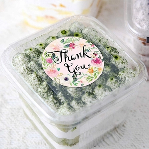 Floral Thank You stickers on pink background for gift boxes and wedding favors