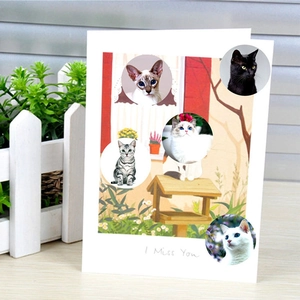 Greeting card with five cute cat stickers in circular windows and I Miss You text