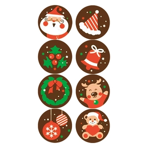 Set of 8 round Christmas sticker labels with Santa, Reindeer and wreath holiday designs
