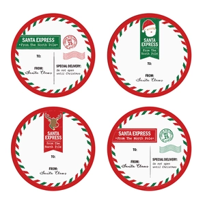 Set of 4 Christmas North Pole Express stickers with Santa and reindeer for gift sealing