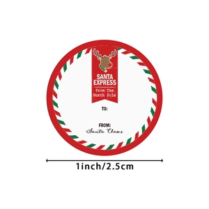 Roll of 1 inch Christmas stickers featuring Santa Express and North Pole reindeer motifs