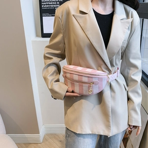 Pink striped fanny pack for women with geometric wide strap and gold hardware