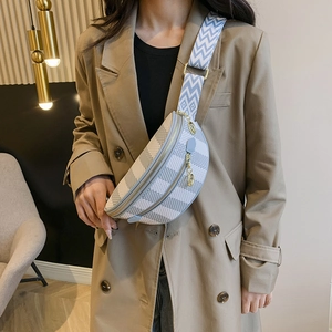 Chic light blue plaid crossbody chest bag with wide woven strap for women fashion