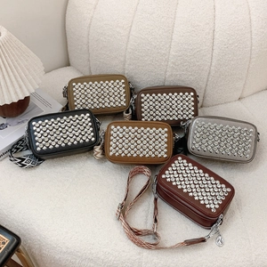 Chic rhinestone camera bag in six colors with ethnic style woven shoulder straps