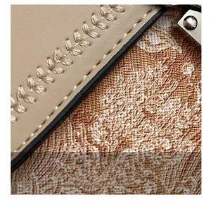 Macro view of vintage khaki leather stitching and floral pattern on a box handbag