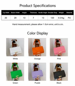 Size chart for chic woven handle crossbody bag with dimensions and 6 color options
