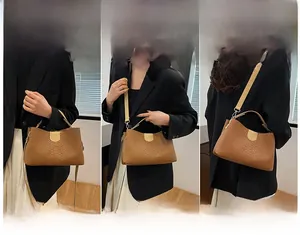 Brown crocodile texture tote bag shown in handbag, shoulder, and crossbody styles