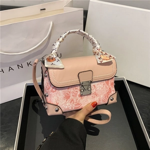 Retro Box Bag PU Leather Embroidery Crossbody Handbag With Satin Scarf Handle Metal Lock Rivets For Women