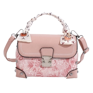 Pink vintage embroidery box bag with silk scarf handle and adjustable strap