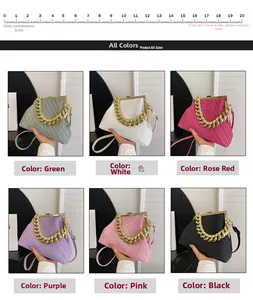Collage of shell-shaped woven clutch bags with gold chunky chains in six vibrant colors