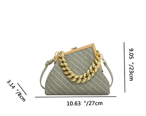 Detailed size specifications for the grey shell handbag with elegant gold chain and strap