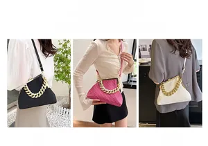 Detailed view of woven shell bag with gold chain strap in black, rose, and cream colors