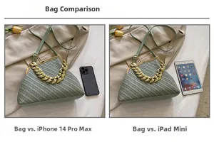 Size comparison of light green textured shell bag with iPhone and iPad mini