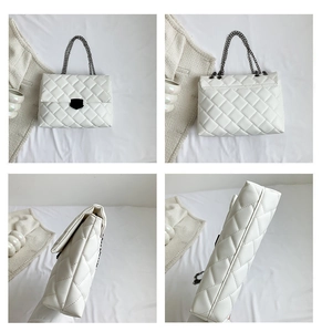 Vierfach-Detailansicht der weißen Stepptasche mit schwarzer Kette und Verschluss