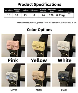 Detailed size chart and specifications for the quilted PU leather chain crossbody bag