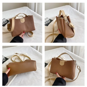 Multi-angle views of brown tote with snake texture, smooth leather, and silver hardware