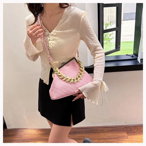 Close-up of pink textured shell bag featuring gold chain handle and vintage metal clasp