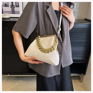 Detail of off-white woven seashell bag with chunky gold chain and metal frame clasp