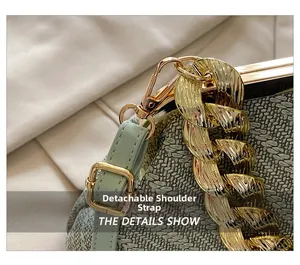 Macro detail of woven shell bag featuring gold hardware and detachable green strap