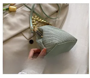 Close-up of mint green woven shell bag with gold chain and retro clasp closure