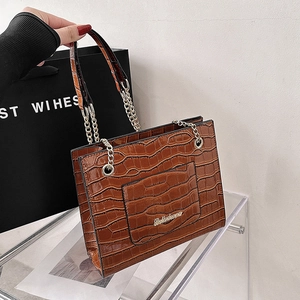 Sac Fourre-Tout pour Femme en Cuir PU Gaufré Crocodile Sac Bandoulière de Mode Avec Chaîne Dorée Sac à Main Vintage