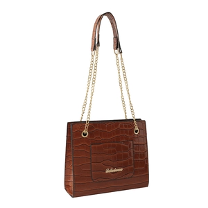 Sac cabas marron à motif crocodile avec bandoulière chaîne dorée et logo en métal