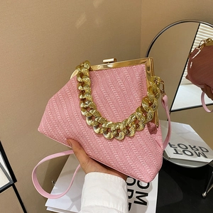 Women Woven Texture Shell Bag French Vintage Clasp Chain Crossbody Bag PU Top Handle Satchel Banquet Party Handbag