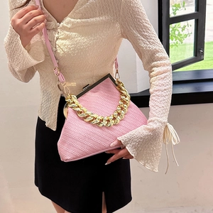 Elegant pink textured shell bag with gold chain handle and metal frame clasp