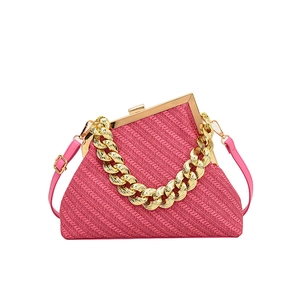 Hot pink woven shell bag with gold chain handle and vintage metal clasp for women