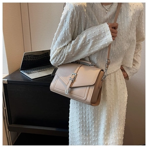 Detail of beige structured handbag with silver metal buckle and adjustable shoulder strap
