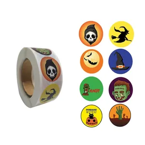 Roll of 8 assorted Halloween cartoon stickers featuring ghosts and pumpkin designs