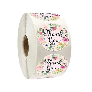 Roll of pink floral Thank You stickers for gift wrapping and envelope sealing