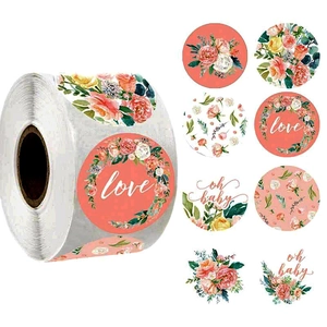 Roll of 8 floral wreath Thank You stickers for gift sealing and envelope decoration