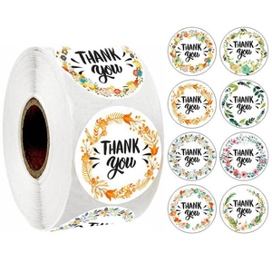 Roll of 1 inch round floral Thank You stickers with eight unique botanical designs