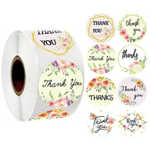 1-inch floral Thank You roll stickers with 8 colorful botanical flower designs for gift sealing