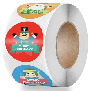 Roll of Merry Christmas stickers with Santa and Nutcracker cartoons on white background