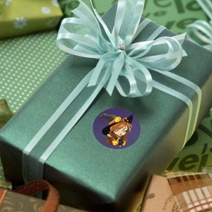 Halloween round sticker with a cartoon witch on purple star background for gift boxes