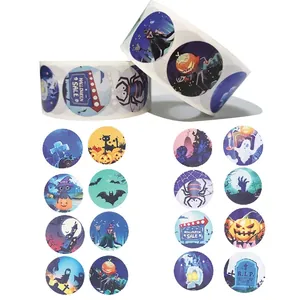 Roll of Halloween round stickers featuring cartoon pumpkins, witches, and ghosts
