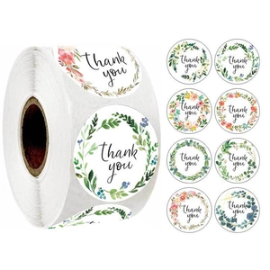 Roll of 8 watercolor floral Thank You stickers for small business packaging and gift sealing