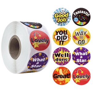 Colorful round reward stickers roll with encouraging Good Job and Fantastic text